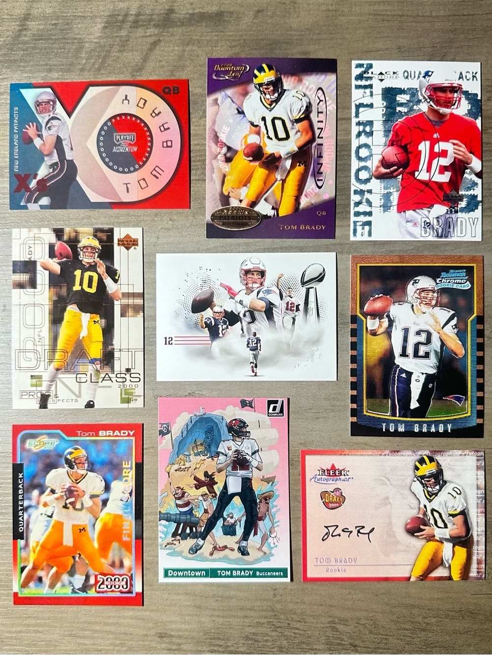 Tom Brady Signed Rookie Lot of (9) Downtown UD Novelty Football Cards.